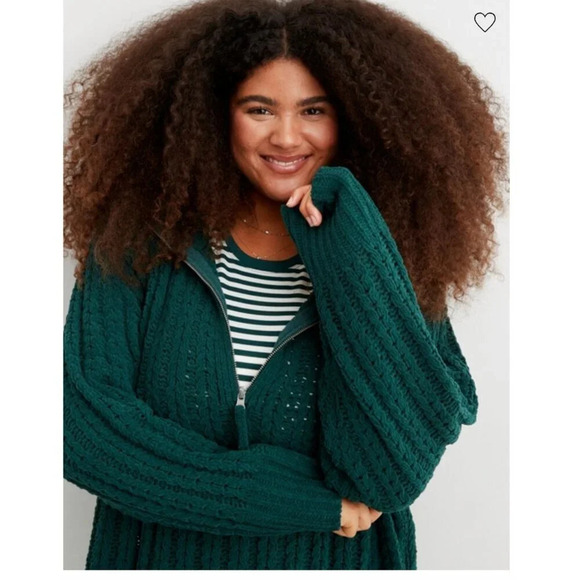 Aerie Cable Car Quarter Zip Sweater Green Chunky Knit Winter Cozy Warm Oversized - Picture 1 of 10